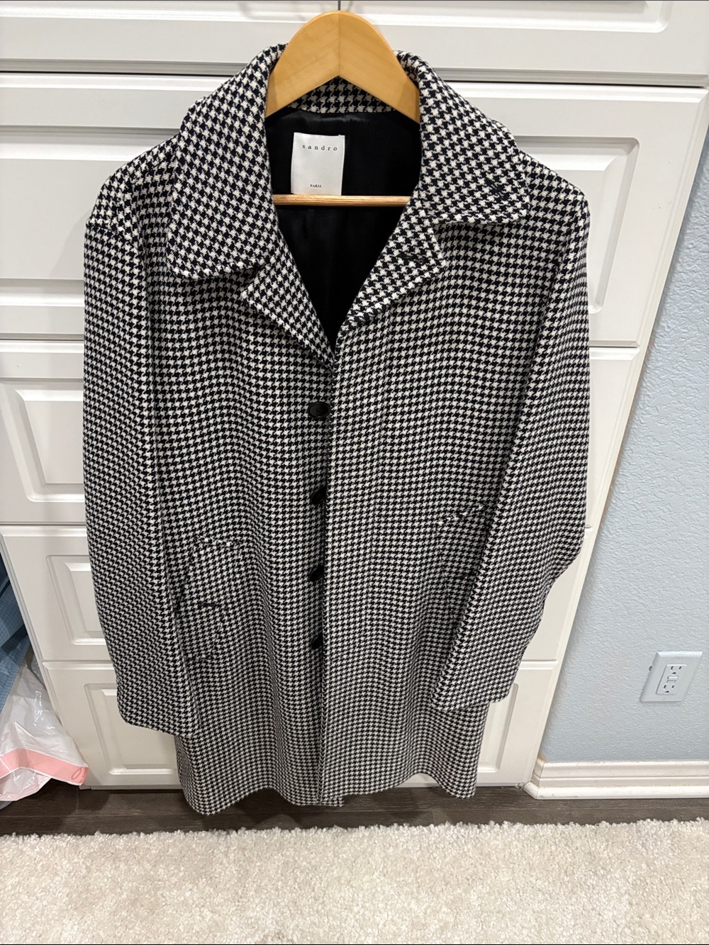 Sandro Black & White Houndstooth Button-Front Tunic Coat